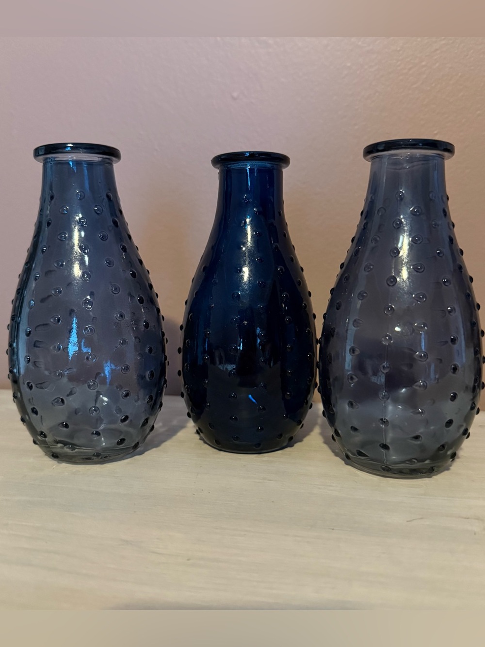 Blue Glass Hobnail Bud Vases - Set of 3